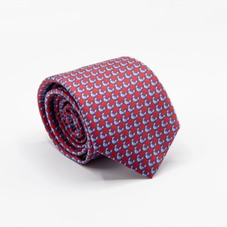 gravata de seda vermelha com detalhes azuis